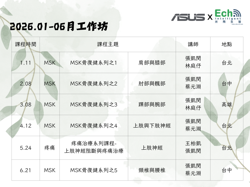 2026 上半年華碩手持無線超音波 MSK+疼痛系列開放報名!!!